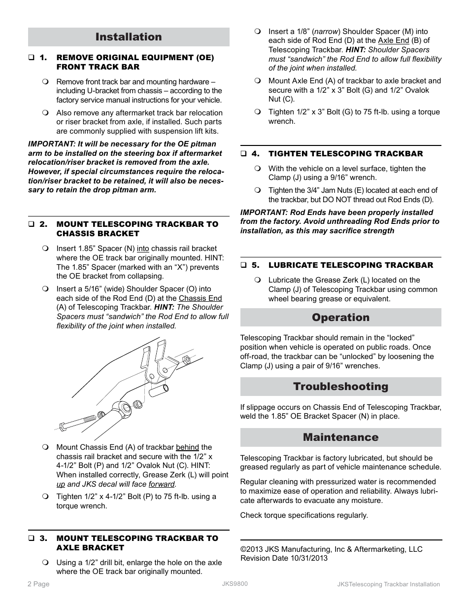 Installation, Operation, Troubleshooting | Maintenance | JKS 9800 User Manual | Page 2 / 2