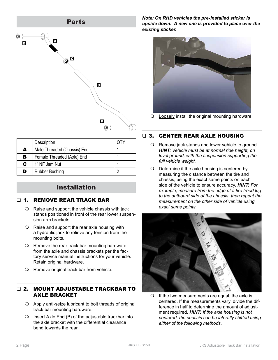 Parts, Installation | JKS OGS159 User Manual | Page 2 / 3