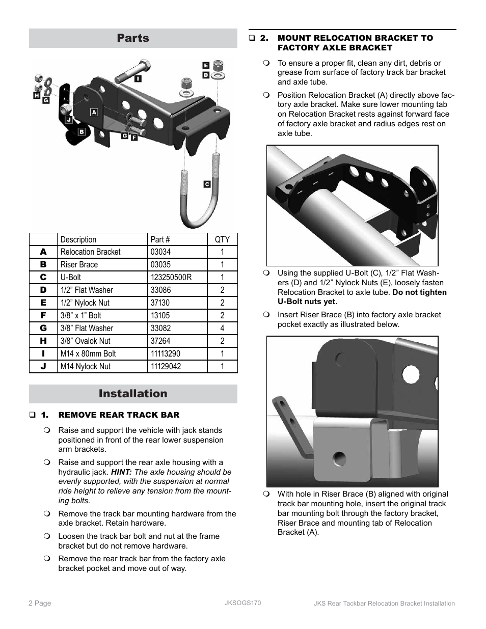 Parts, Installation | JKS OGS170 User Manual | Page 2 / 4