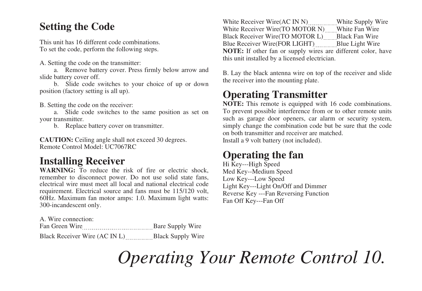Setting the code, Installing receiver, Operating transmitter | Operating the fan | King of Fans Almeida User Manual | Page 13 / 16