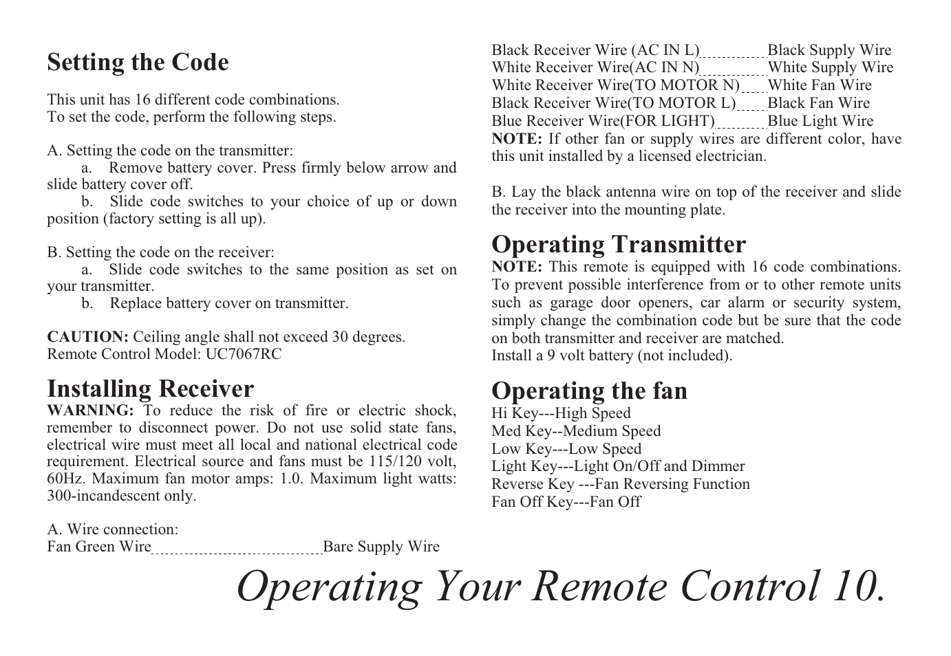 Operating your remote control 10, Setting the code, Installing receiver | Operating transmitter, Operating the fan | King of Fans Cabrerra User Manual | Page 12 / 15