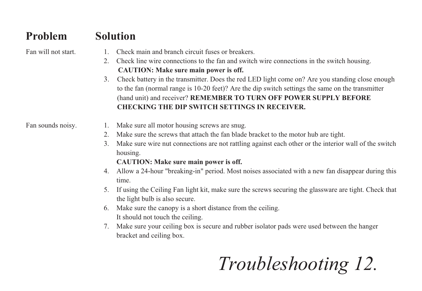Troubleshooting 12, Problem solution | King of Fans Cabrerra User Manual | Page 14 / 15