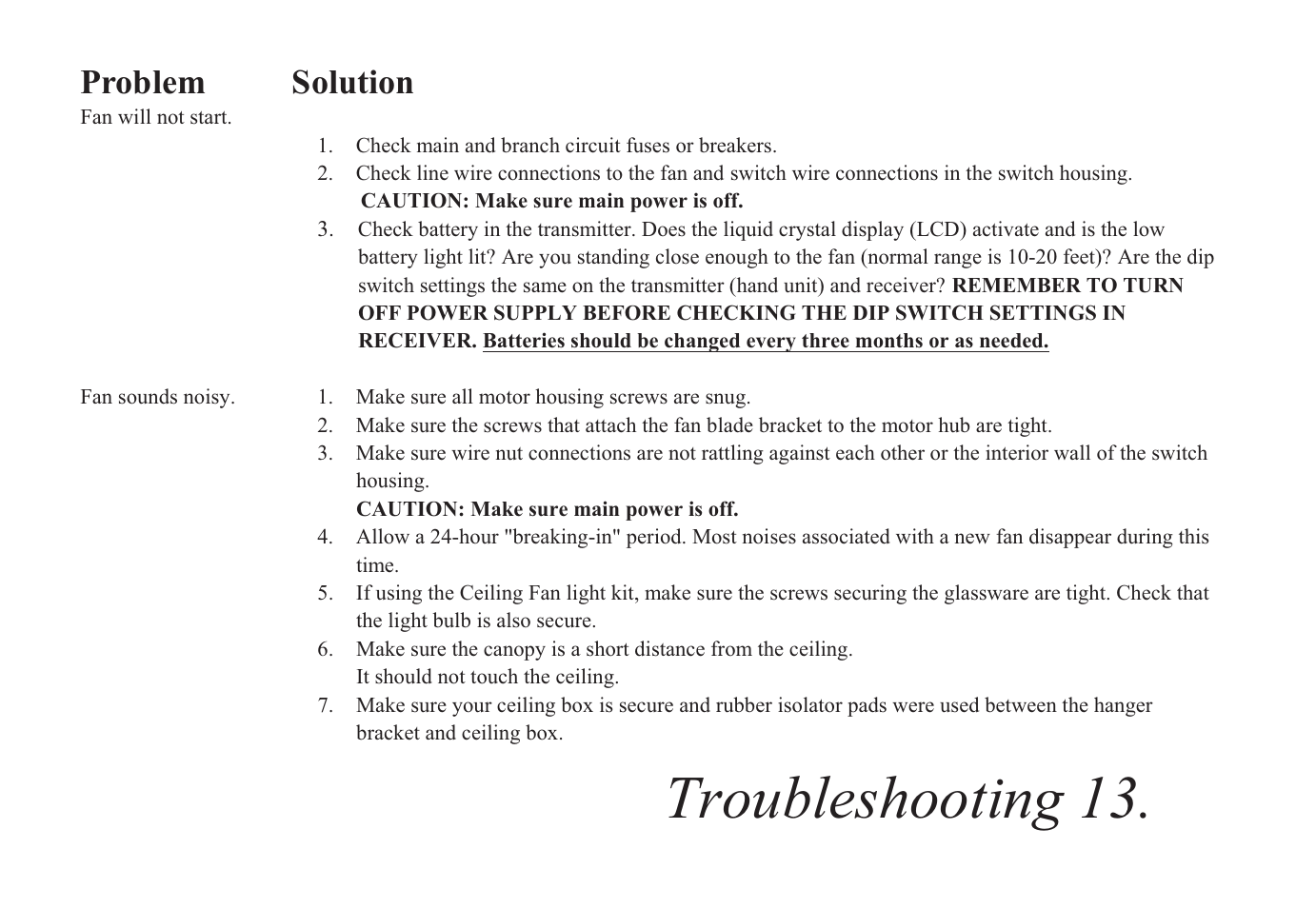 Troubleshooting 13, Problem solution | King of Fans Covington User Manual | Page 15 / 16