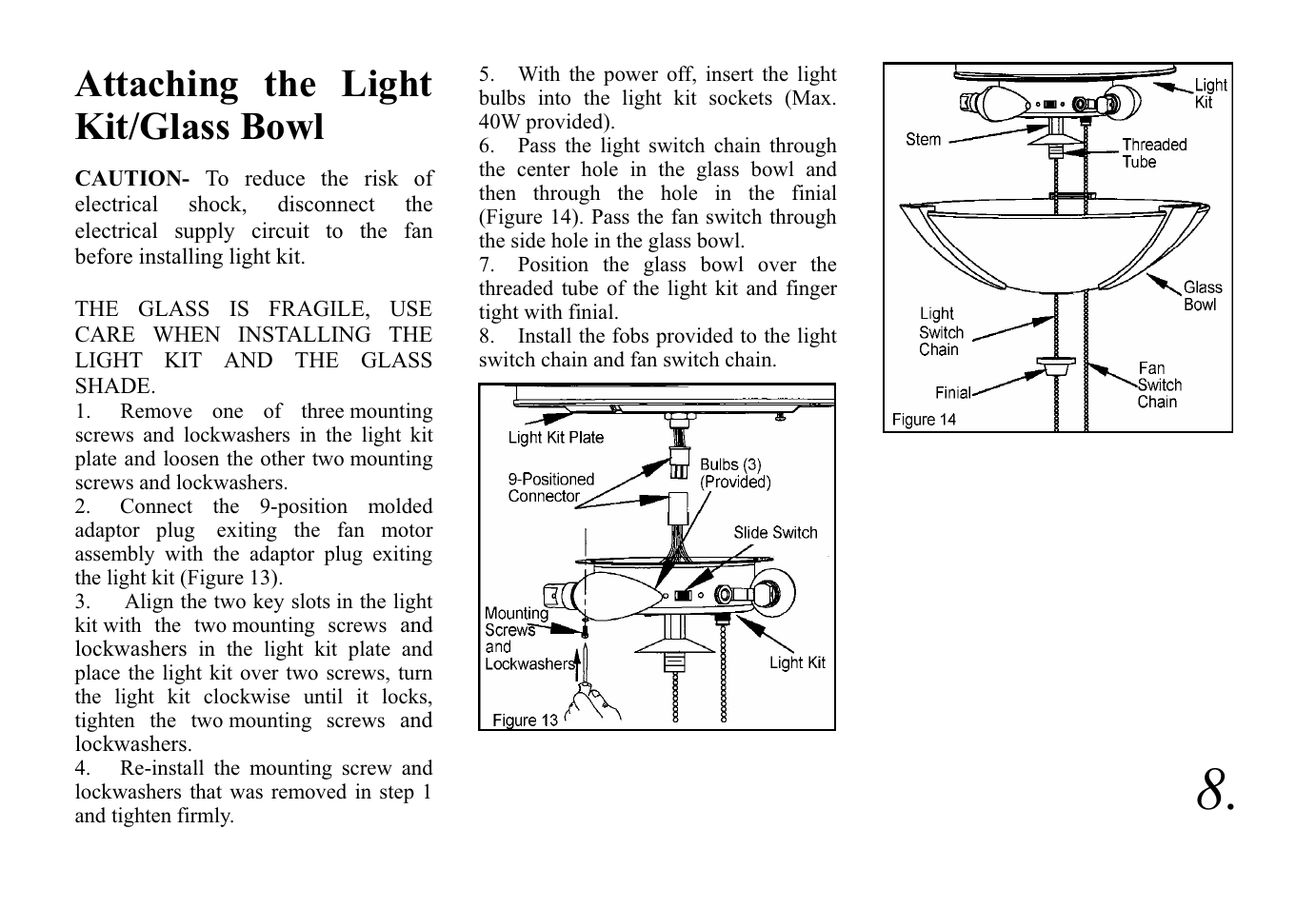 Attaching the light kit/glass bowl | King of Fans Cressner User Manual | Page 11 / 15