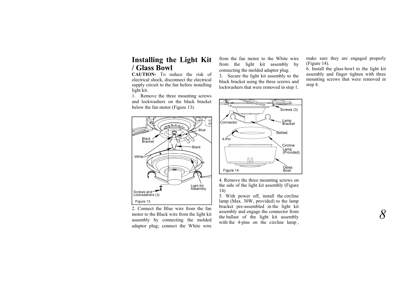 Installing the light kit / glass bowl | King of Fans Fulton User Manual | Page 11 / 16