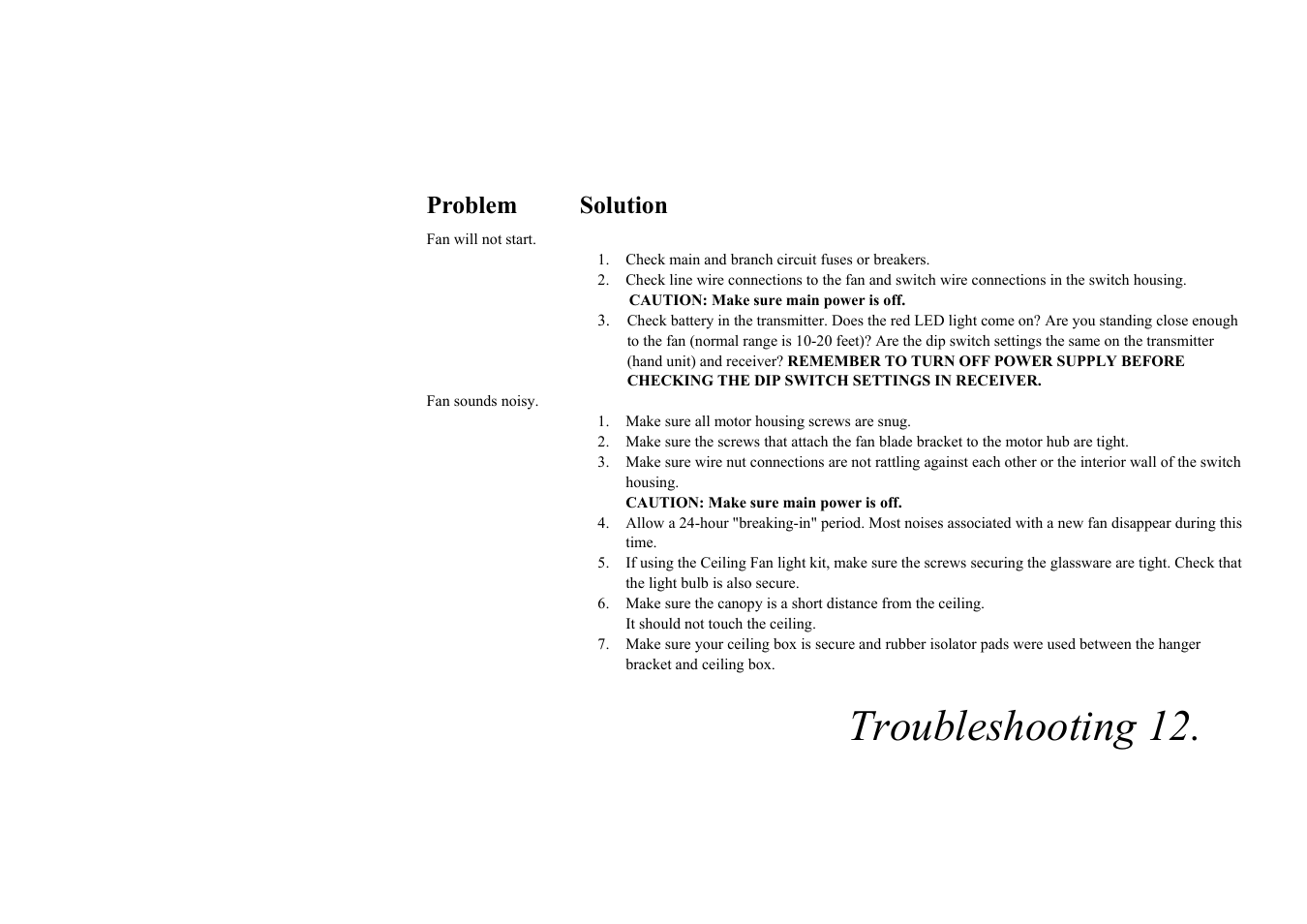 Troubleshooting 12, Problem solution | King of Fans Fulton User Manual | Page 15 / 16