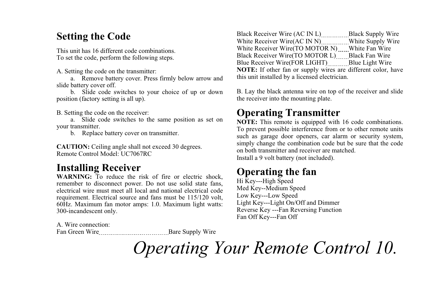 Operating your remote control 10, Setting the code, Installing receiver | Operating transmitter, Operating the fan | King of Fans Sauterne User Manual | Page 13 / 16