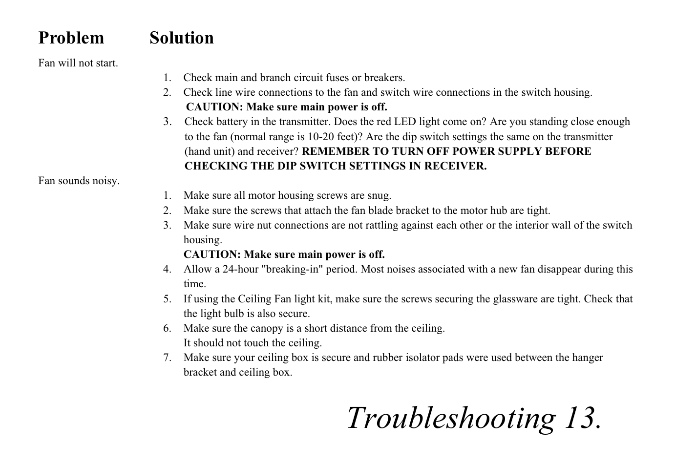 Troubleshooting 13, Problem solution | King of Fans Valparaiso User Manual | Page 15 / 16