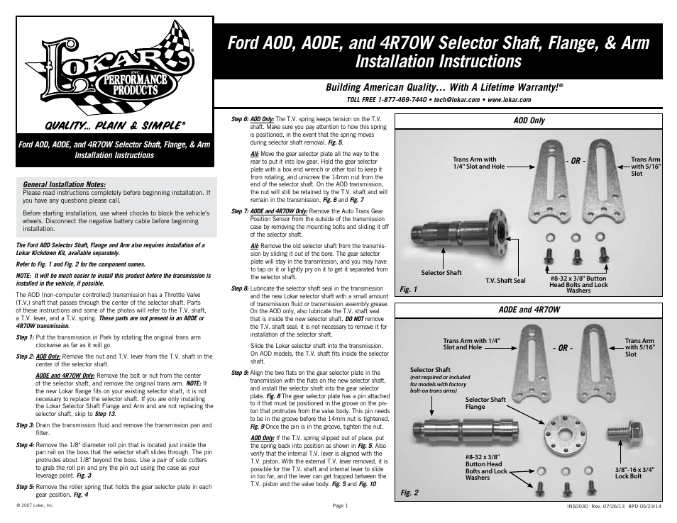 Lokar Ford AOD, AODE, and 4R70W Selector Shaft, Flange, & Arm User Manual | 4 pages