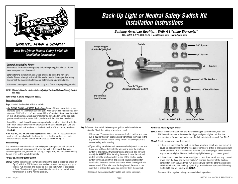Lokar Back-Up Light or Neutral Safety Switch Kit User Manual | 2 pages