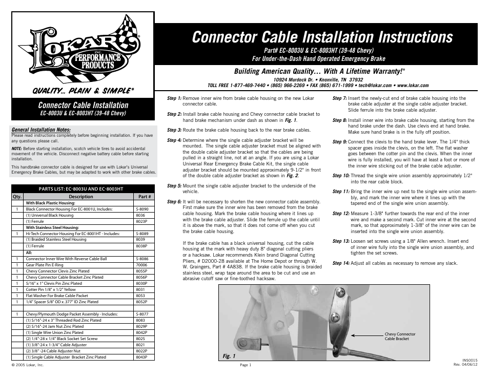 Lokar EC-8003HT (39-48 Chevy) Connector Cable User Manual | 2 pages