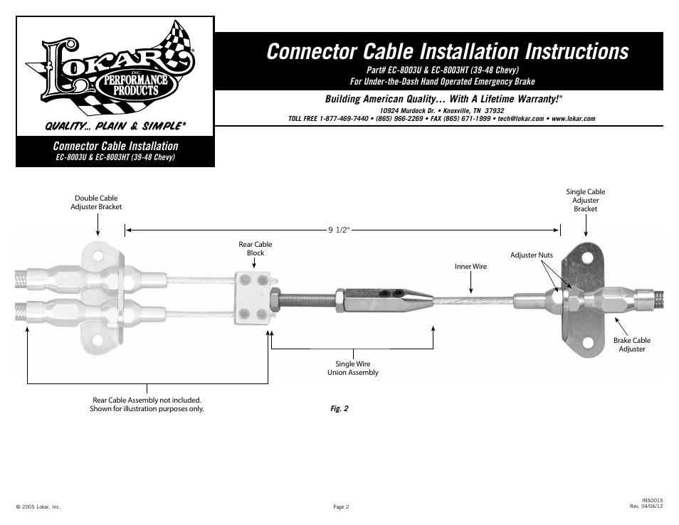 Connector cable installation instructions, Connector cable installation | Lokar EC-8003HT (39-48 Chevy) Connector Cable User Manual | Page 2 / 2