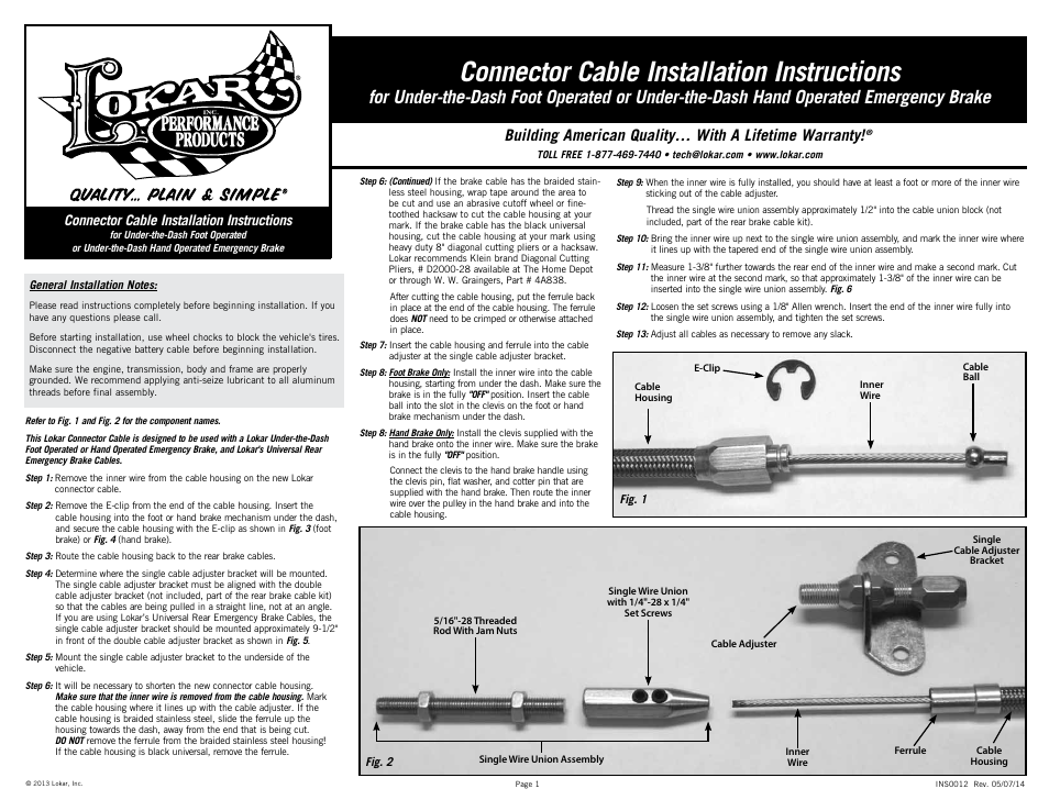 Lokar Connector Cable Under-the-Dash Foot Operated or Under-the-Dash Hand Operated Emergency Brake User Manual | 2 pages