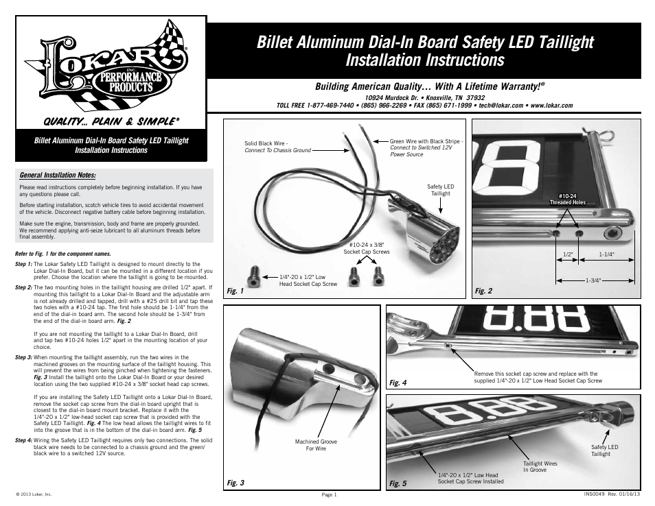 Lokar Billet Aluminum Dial-In Board Safety LED Taillight User Manual | 1 page