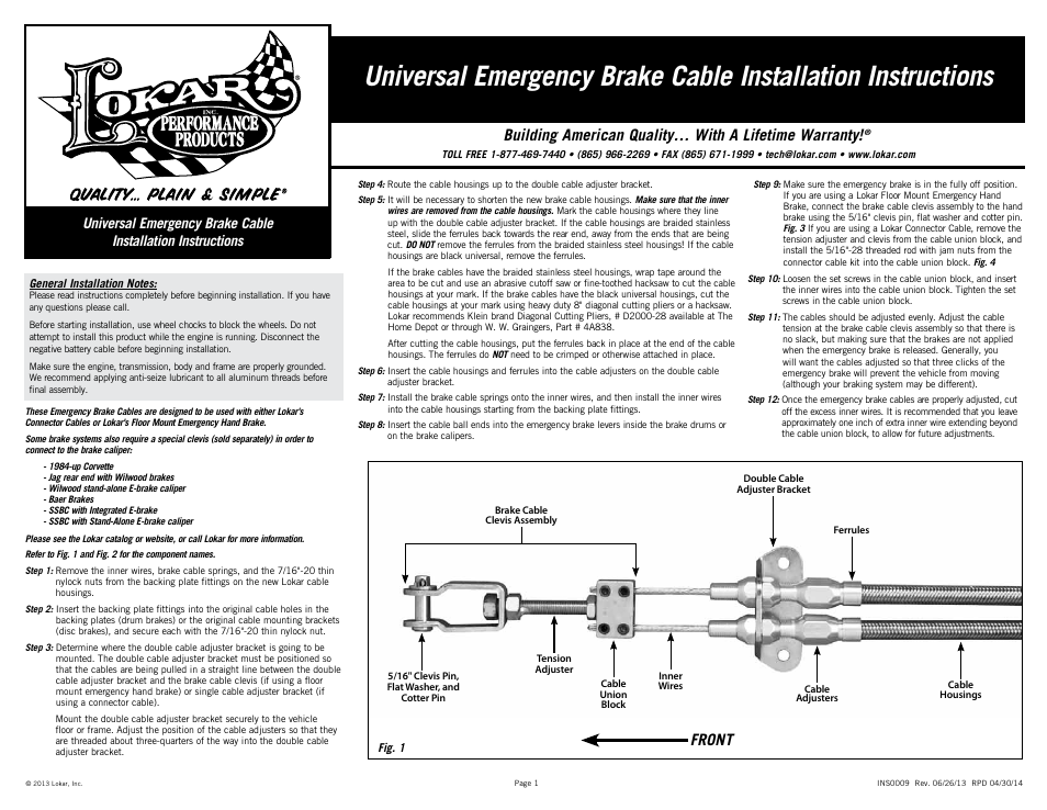 Lokar Universal Emergency Brake Cable User Manual | 2 pages