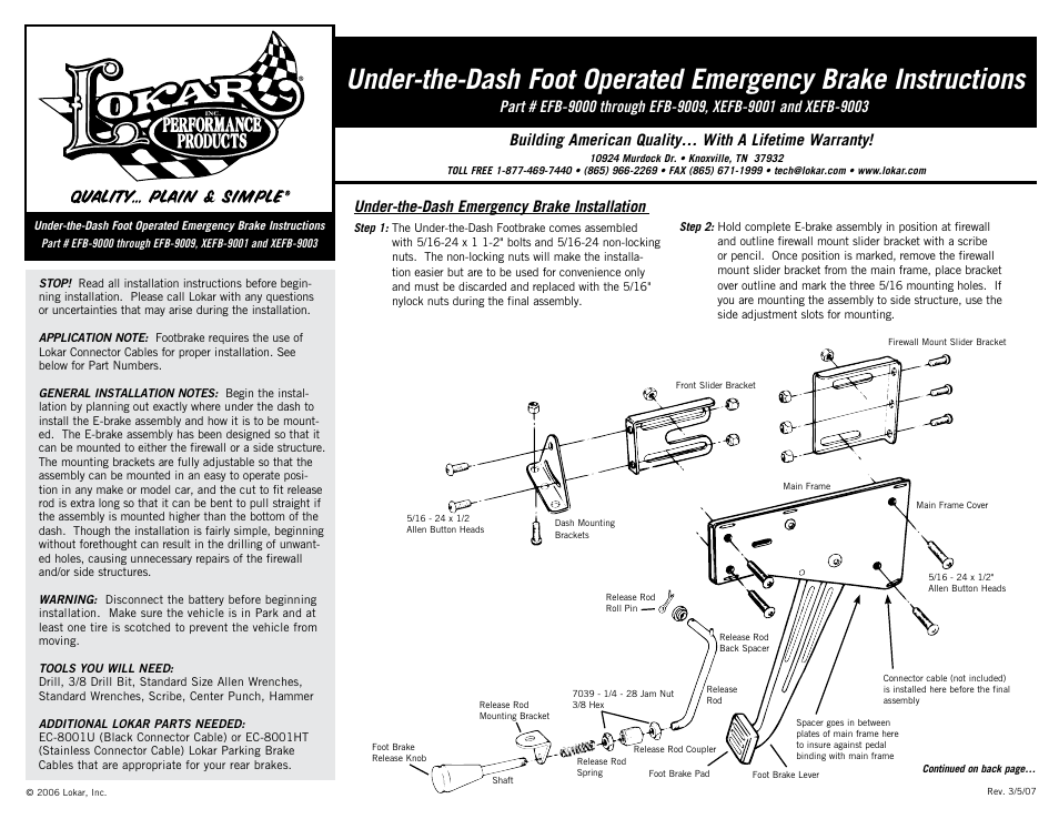 Lokar XEFB-9003 Under-the-Dash Foot Operated Emergency Brake User Manual | 2 pages