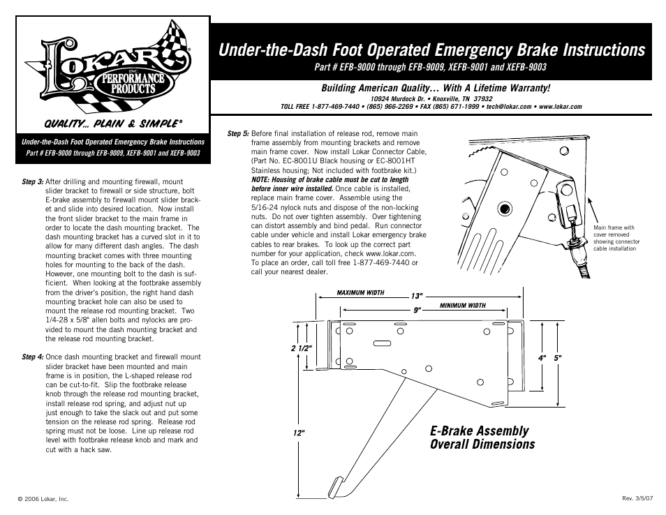 Lokar XEFB-9003 Under-the-Dash Foot Operated Emergency Brake User Manual | Page 2 / 2