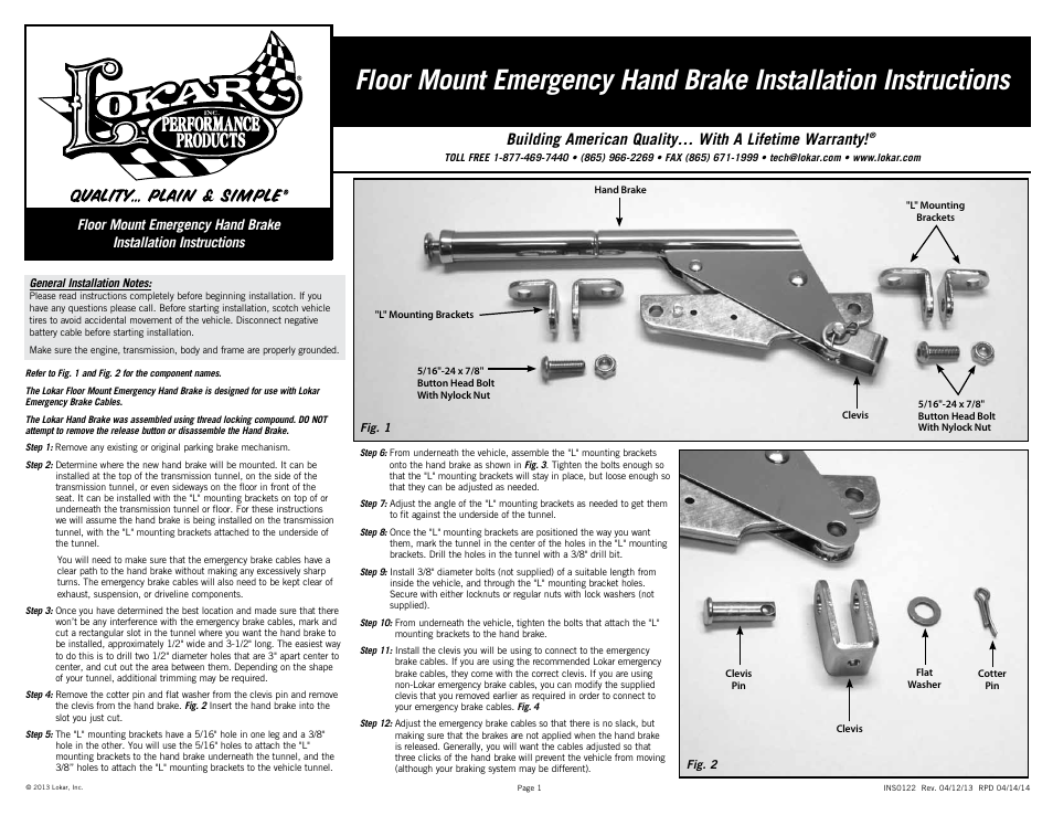 Lokar Floor Mount Emergency Hand Brake User Manual | 2 pages