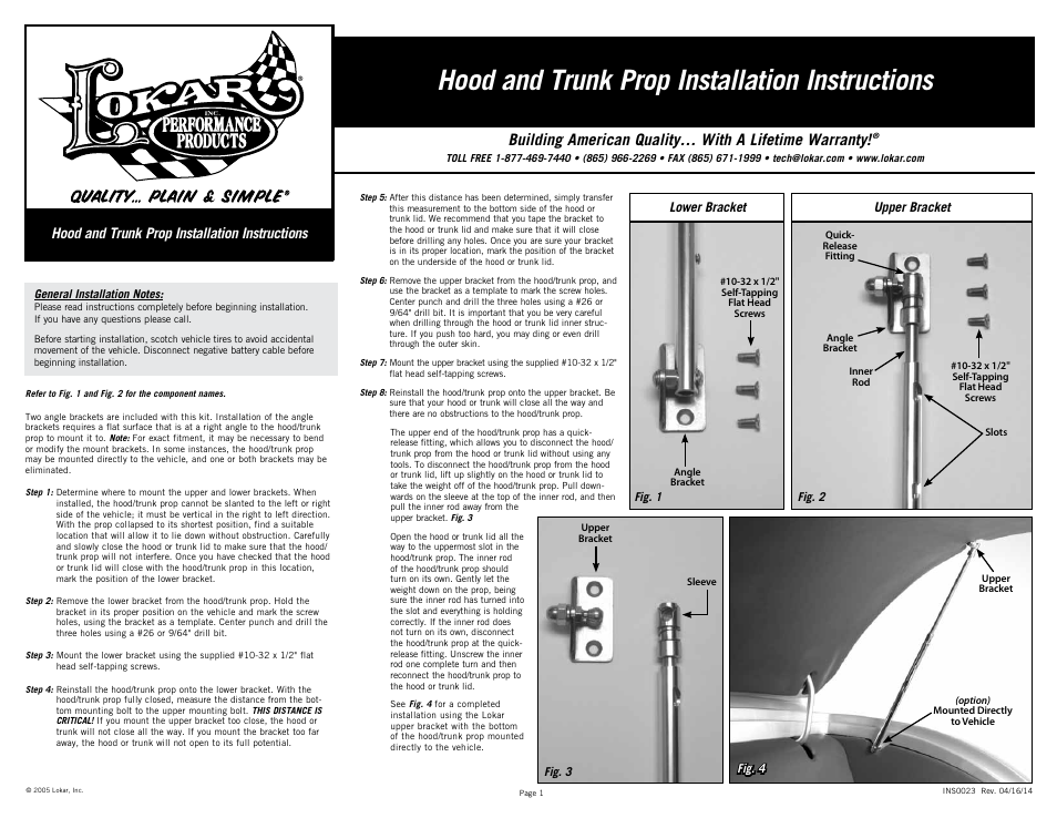 Lokar Hood and Trunk Prop User Manual | 1 page