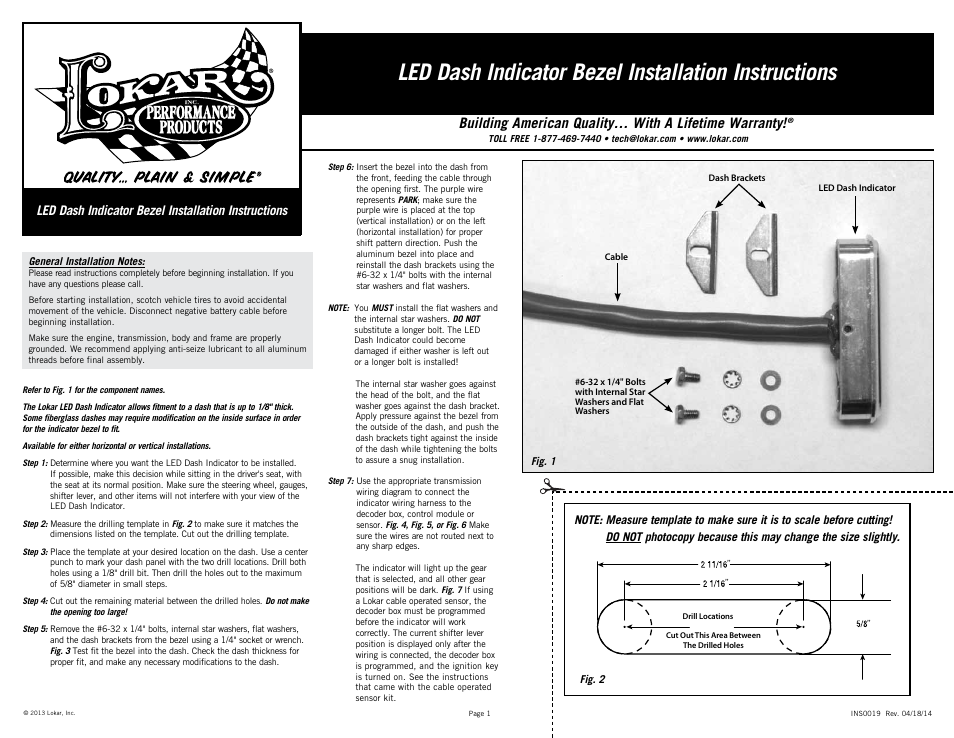 Lokar LED Dash Indicator Bezel User Manual | 2 pages