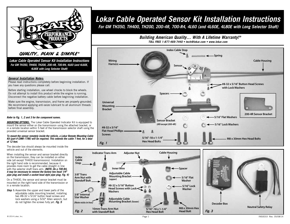 Lokar Cable Operated Sensor Kit-GM User Manual | 6 pages