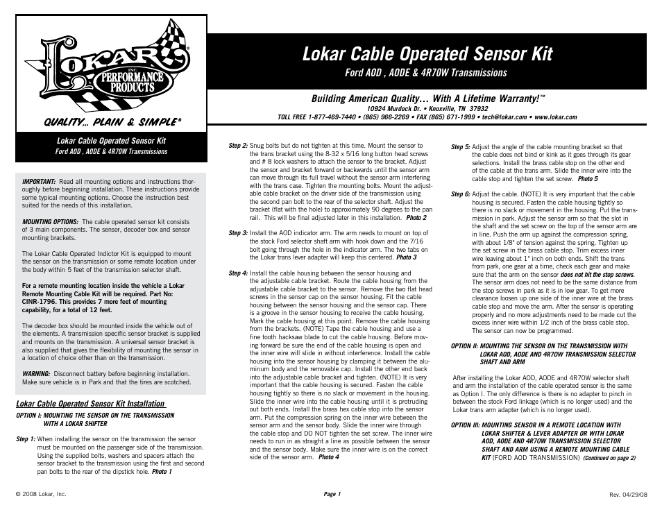 Lokar Cable Operated Sensor Kit-Ford User Manual | 4 pages