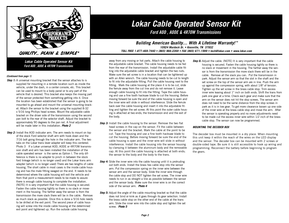 Lokar cable operated sensor kit, Ford aod , aode & 4r70w transmissions | Lokar Cable Operated Sensor Kit-Ford User Manual | Page 2 / 4