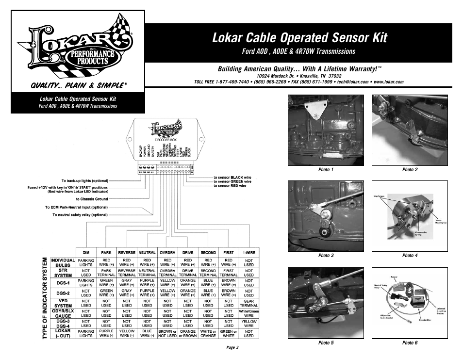 Lokar cable operated sensor kit, Ford aod , aode & 4r70w transmissions | Lokar Cable Operated Sensor Kit-Ford User Manual | Page 3 / 4