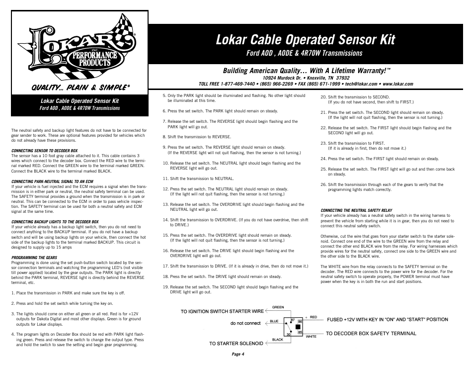 Lokar cable operated sensor kit, Ford aod , aode & 4r70w transmissions | Lokar Cable Operated Sensor Kit-Ford User Manual | Page 4 / 4