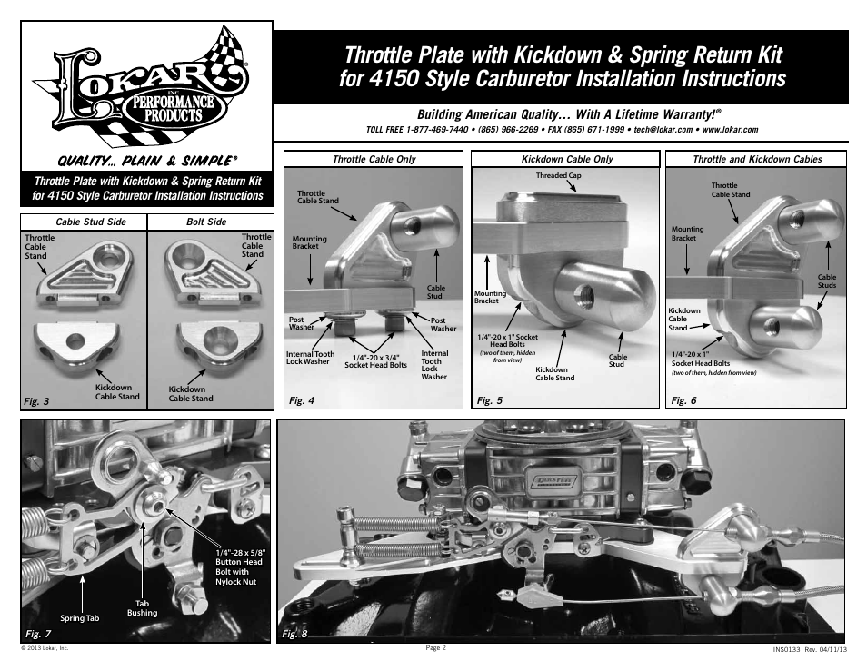 Lokar Throttle Plate with Kickdown & Spring Return Kit for 4150 Style Carburetor User Manual | Page 2 / 2