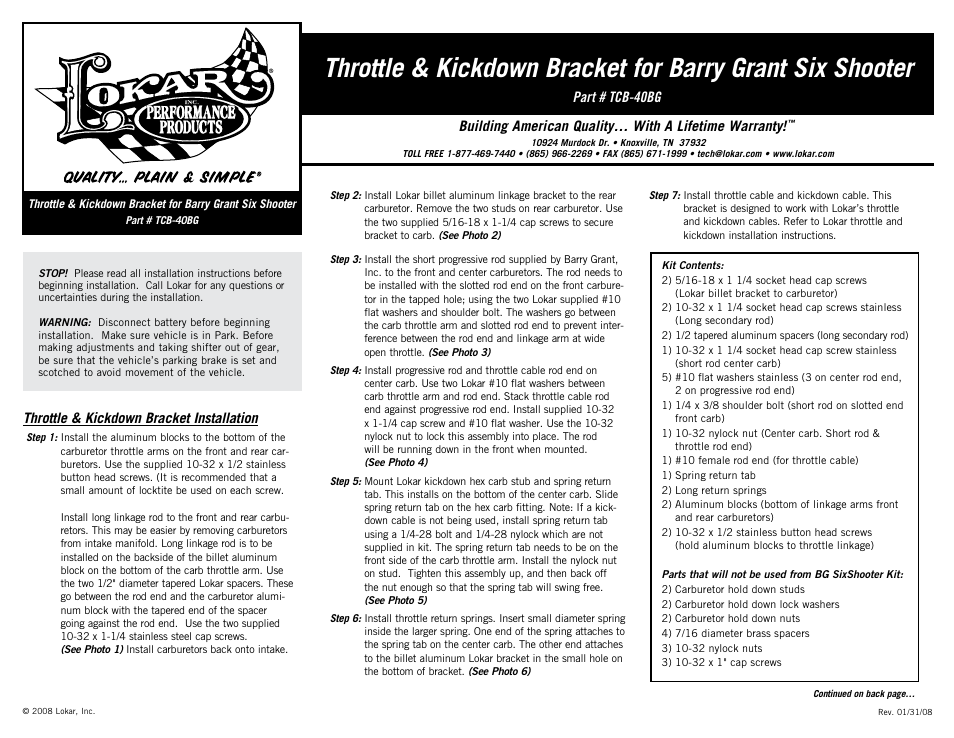 Lokar TCB-40BG Throttle & Kickdown Bracket for Barry Grant Six Shooter User Manual | 2 pages