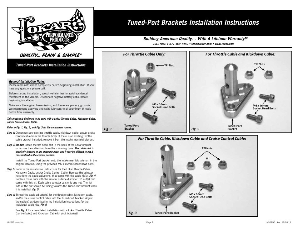 Lokar Tuned-Port Brackets User Manual | 2 pages