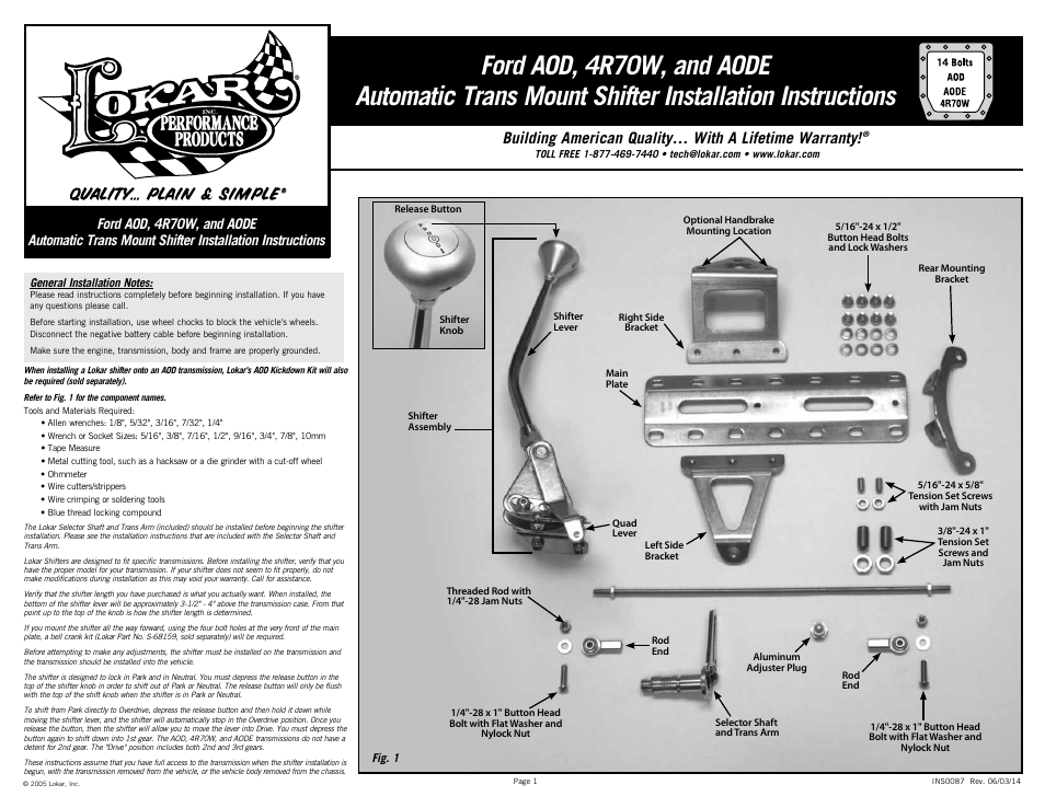 Lokar Automatic Trans Mount Shifter Ford AOD, 4R70W, and AODE User Manual | 6 pages