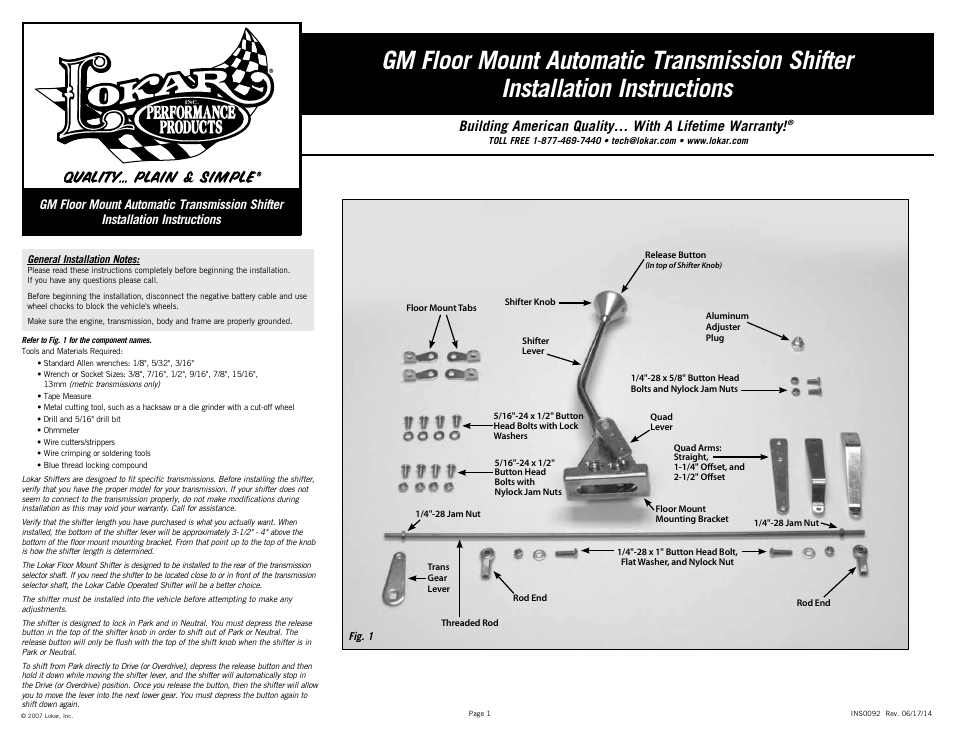 Lokar Automatic Transmission Shifter GM Floor Mount User Manual | 6 pages