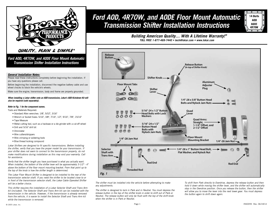 Lokar Automatic Transmission Shifter Ford AOD, 4R70W, and AODE Floor Mount User Manual | 6 pages