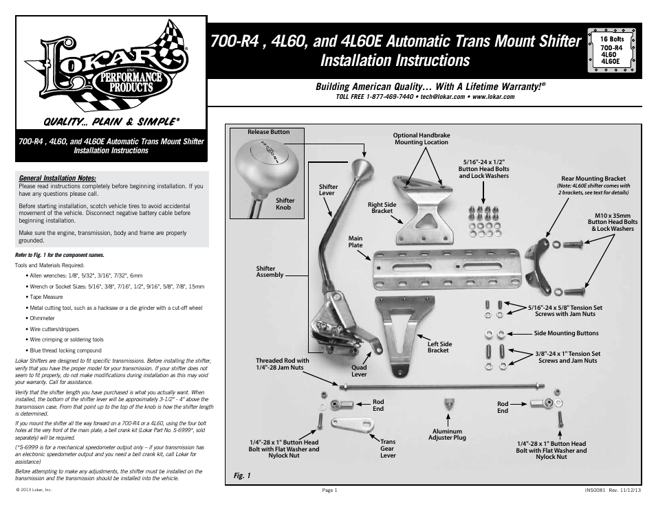 Lokar Automatic Trans Mount Shifter 700-R4 , 4L60, and 4L60E User Manual | 6 pages