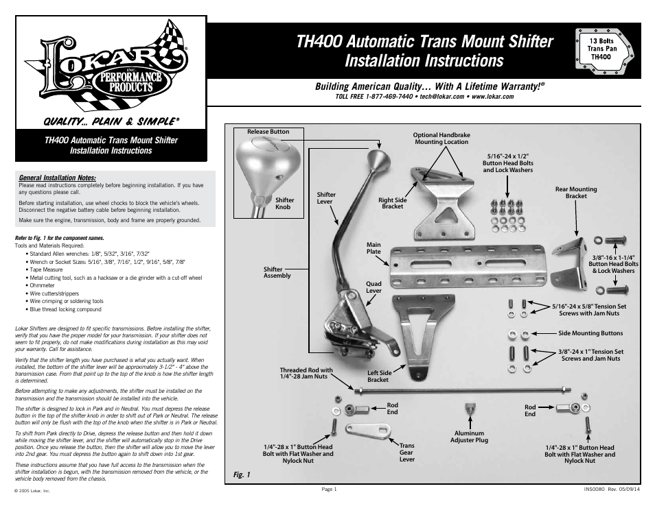 Lokar Automatic Trans Mount Shifter TH400 User Manual | 6 pages