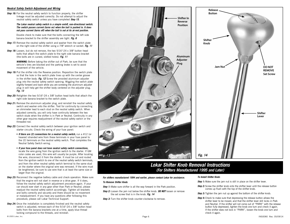 Lokar shifter knob removal instructions, For shifters manufactured 1995 and later) | Lokar Automatic Trans Mount Shifter TH400 User Manual | Page 6 / 6