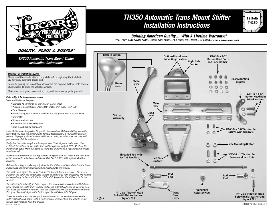 Lokar Automatic Trans Mount Shifter TH350 User Manual | 6 pages