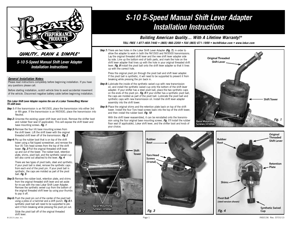 Lokar S-10 5-Speed Manual Shift Lever Adapter User Manual | 2 pages