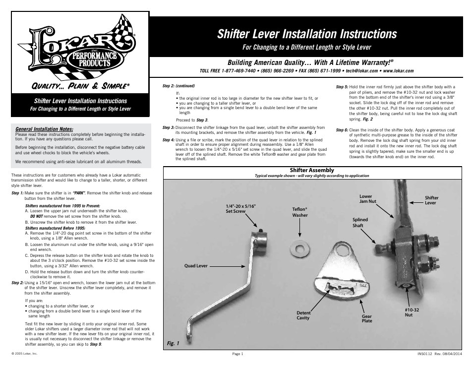 Lokar Shifter Lever User Manual | 2 pages