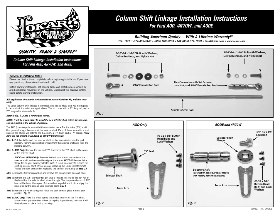 Lokar Column Shift Linkage For Ford AOD, 4R70W, and AODE User Manual | 4 pages