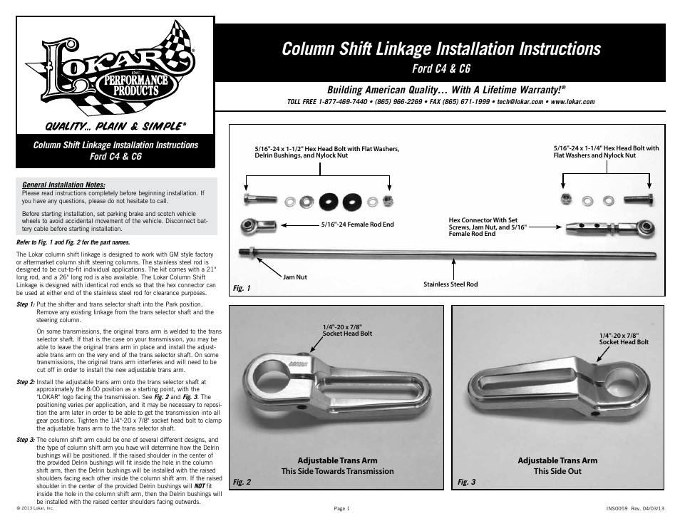 Lokar Column Shift Linkage For Ford C4 & C6 User Manual | 2 pages