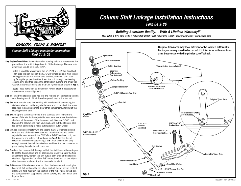 Column shift linkage installation instructions, Ford c4 & c6 | Lokar Column Shift Linkage For Ford C4 & C6 User Manual | Page 2 / 2