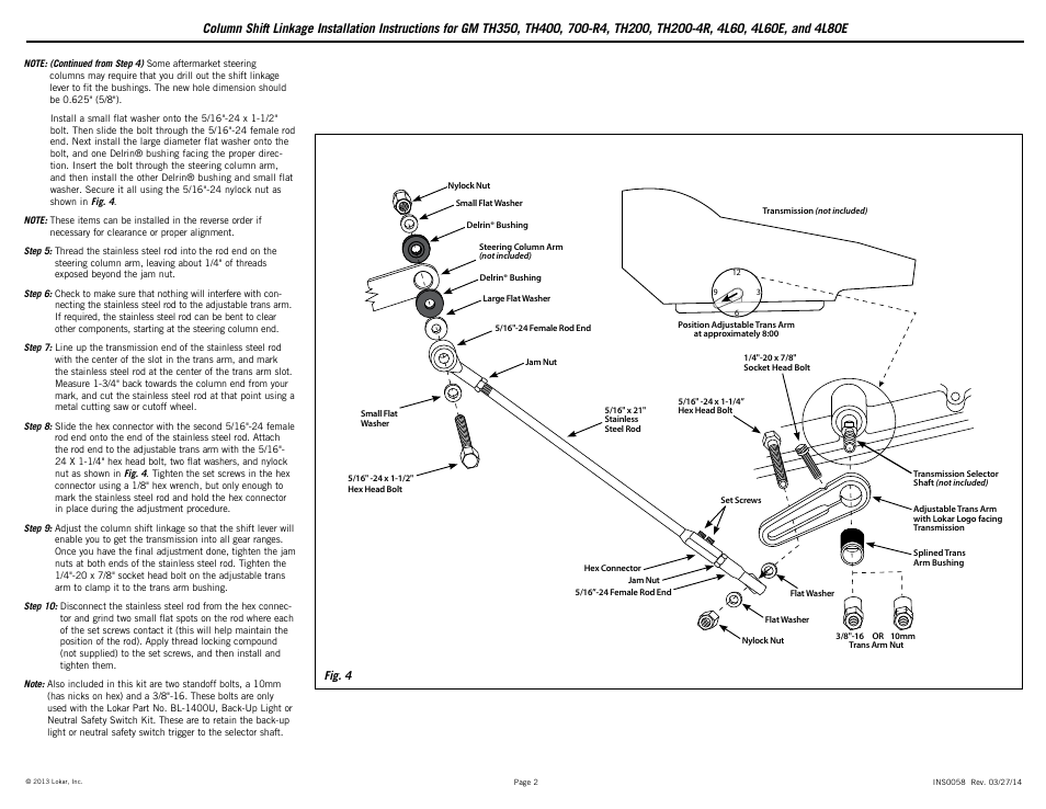 Lokar Column Shift Linkage For GM TH350, TH400, 700-R4, TH200, TH200-4R, 4L60, 4L60E, and 4L80E User Manual | Page 2 / 2