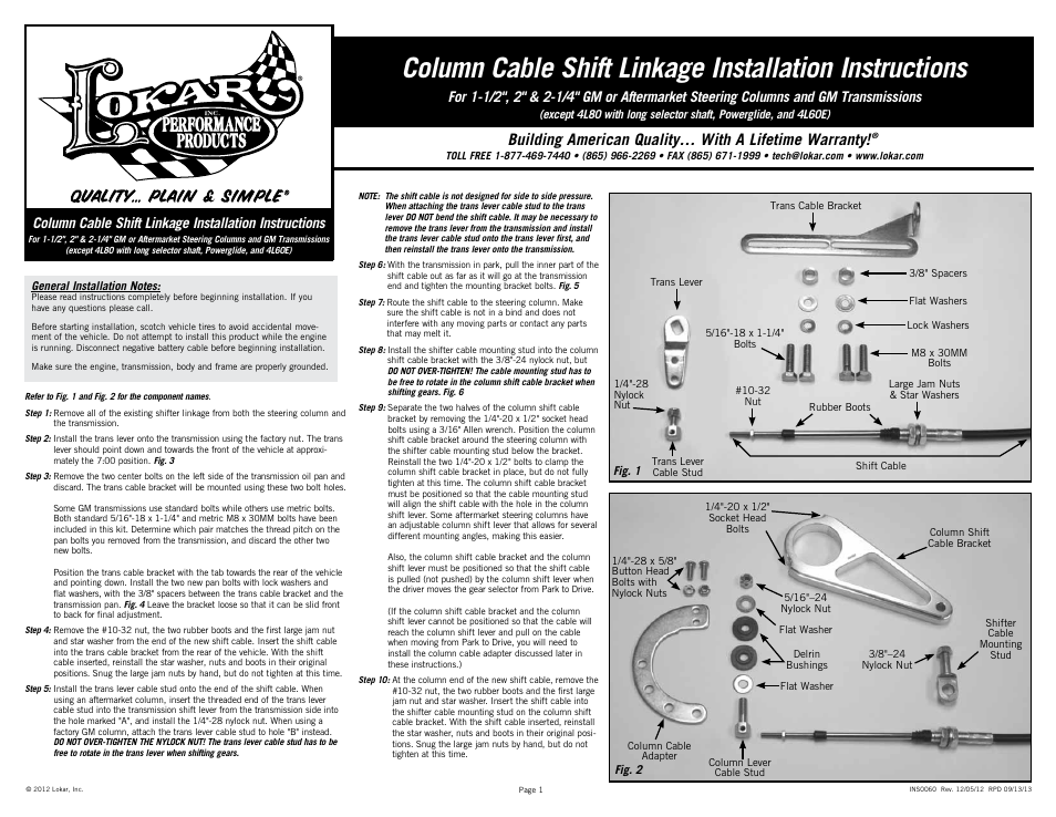 Lokar Column Cable Shift Linkage For 1-1/2", 2 & 2-1/4 GM or Aftermarket Steering Columns and GM Transmissions User Manual | 2 pages