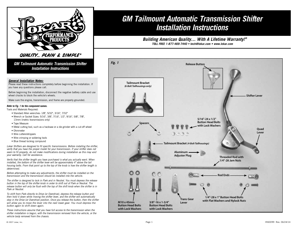 Lokar Automatic Transmission Shifter GM Tailmount User Manual | 6 pages