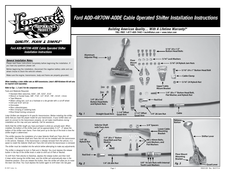 Lokar Cable Operated Shifter Ford AOD-4R70W-AODE User Manual | 6 pages