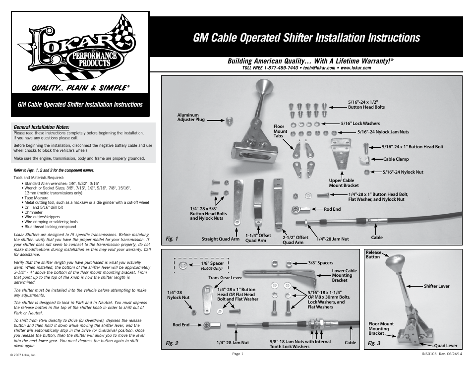 Lokar Cable Operated Shifter GM User Manual | 6 pages