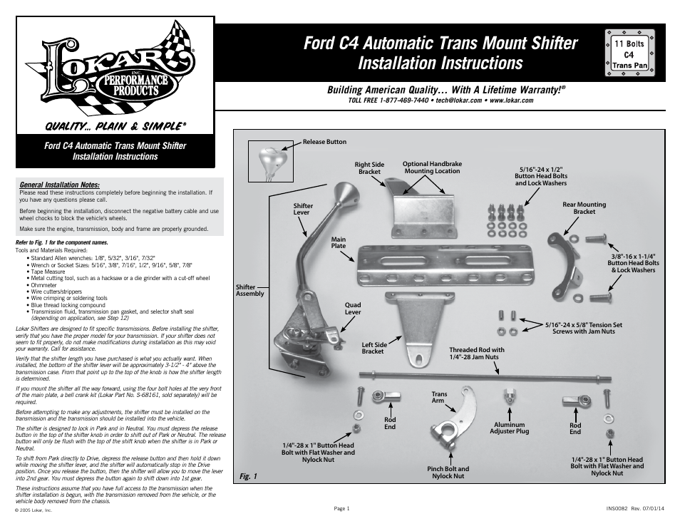 Lokar Automatic Trans Mount Shifter Ford C4 User Manual | 6 pages